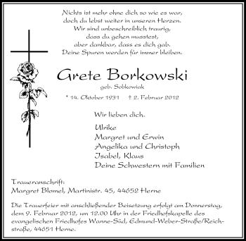 Traueranzeige von Grete Borkowski von Tageszeitung