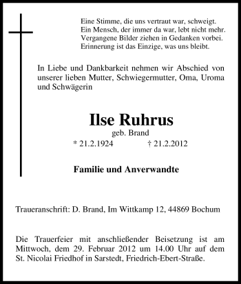 Traueranzeige von Ilse Ruhrus von Tageszeitung
