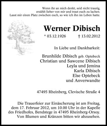 Traueranzeige von Werner Dibisch von Tageszeitung