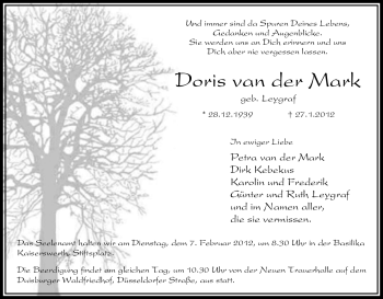 Traueranzeige von Doris van der Mark von Tageszeitung