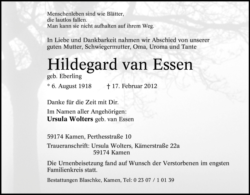  Traueranzeige für Hildegard van Essen vom 29.02.2012 aus Tageszeitung