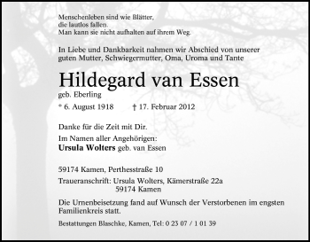 Traueranzeige von Hildegard van Essen von Tageszeitung