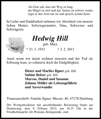 Traueranzeige von Hedwig Hill von Tageszeitung