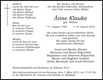 Traueranzeige von Änne Klauke von Tageszeitung