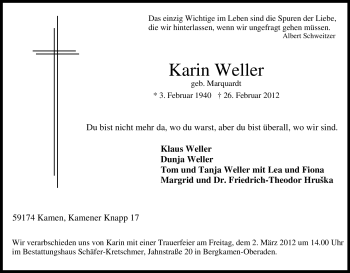 Traueranzeige von Karin Weller von Tageszeitung