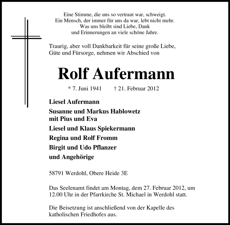  Traueranzeige für Rolf Aufermann vom 24.02.2012 aus Tageszeitung