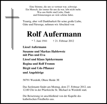 Traueranzeige von Rolf Aufermann von Tageszeitung