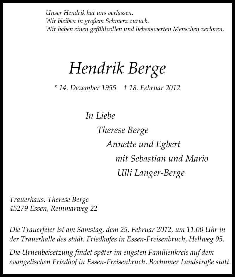  Traueranzeige für Hendrik Berge vom 23.02.2012 aus Tageszeitung