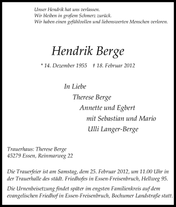 Traueranzeige von Hendrik Berge von Tageszeitung