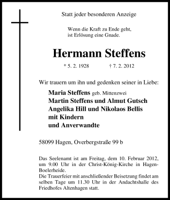 Traueranzeige von Hermann Steffens von Tageszeitung