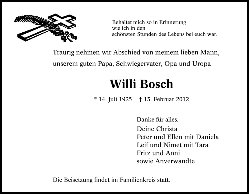  Traueranzeige für Willi Bosch vom 15.02.2012 aus Tageszeitung