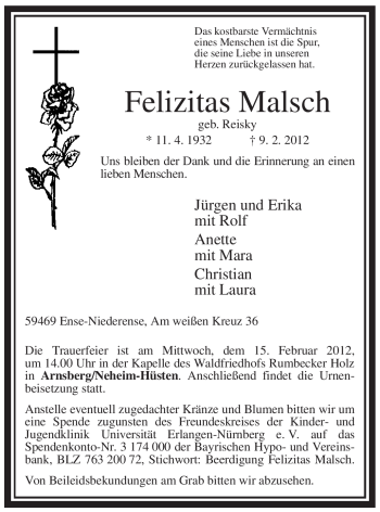 Traueranzeige von Felizitas Malsch von Tageszeitung