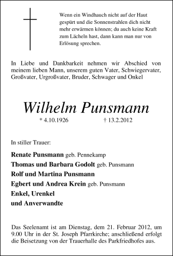 Traueranzeige von Wilhelm Punsmann von Tageszeitung