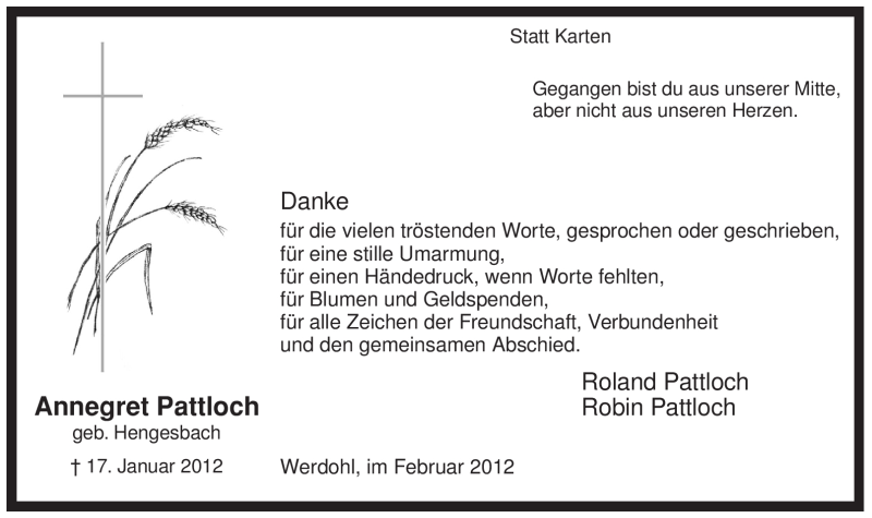  Traueranzeige für Annegret Pattloch vom 18.02.2012 aus Tageszeitung