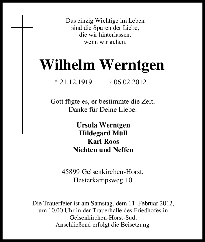 Traueranzeige für Wilhelm Werntgen vom 09.02.2012 aus Tageszeitung