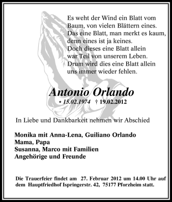 Traueranzeige von Antonio Orlando von Tageszeitung