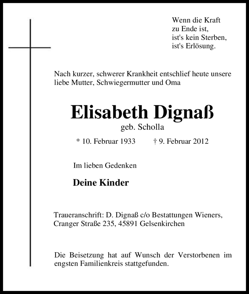  Traueranzeige für Elisabeth Dignaß vom 15.02.2012 aus Tageszeitung