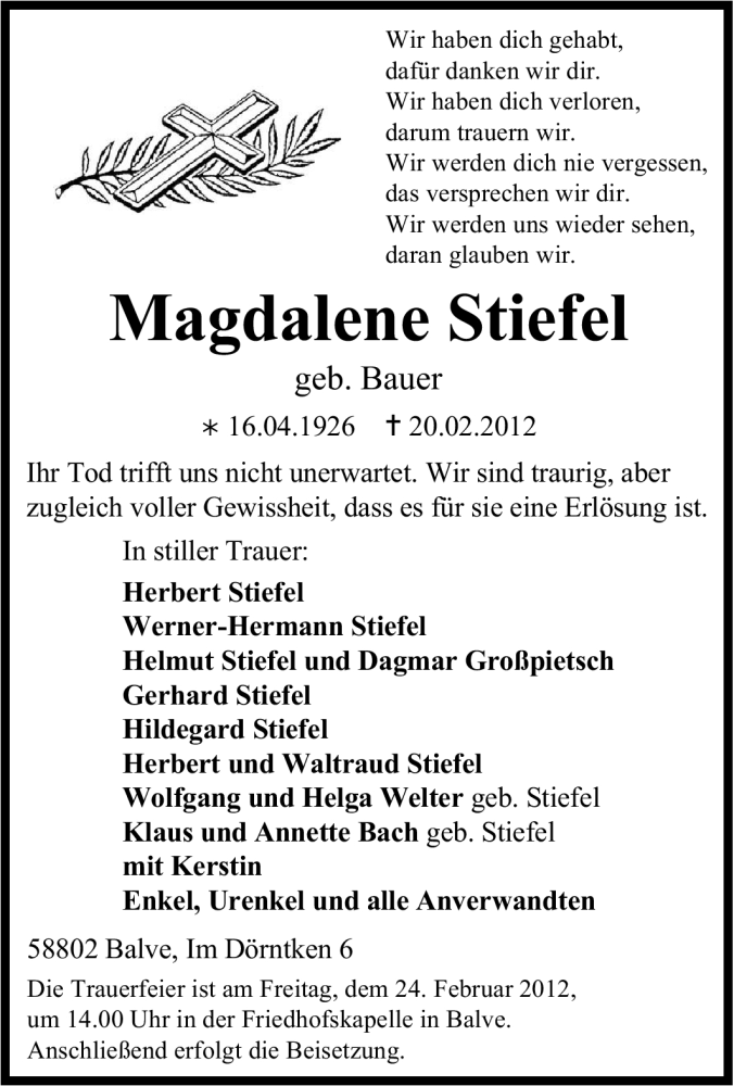  Traueranzeige für Magdalene Stiefel vom 22.02.2012 aus Tageszeitung