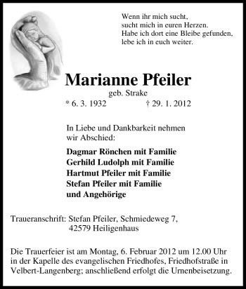 Traueranzeige von Marianne Pfeiler von Tageszeitung