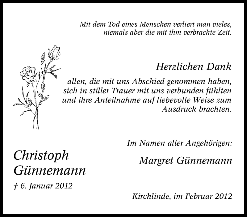  Traueranzeige für Christoph Günnemann vom 11.02.2012 aus Tageszeitung