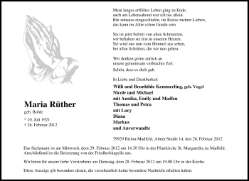 Traueranzeige von Maria Rüther von Tageszeitung