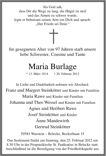 Traueranzeige von Maria Burlage von Tageszeitung
