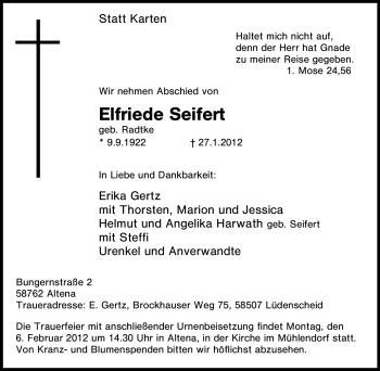 Traueranzeige von Elfriede Seifert von Tageszeitung