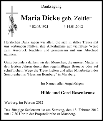 Traueranzeige von Maria Dicke von Tageszeitung