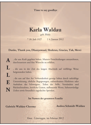 Traueranzeige von Karla Waldau von Tageszeitung