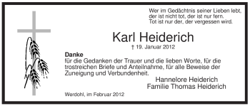 Traueranzeige von Karl Heiderich von Tageszeitung