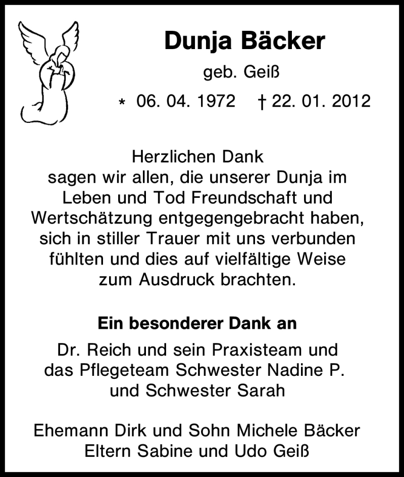 Traueranzeige für Dunja Bäcker vom 15.02.2012 aus Tageszeitung