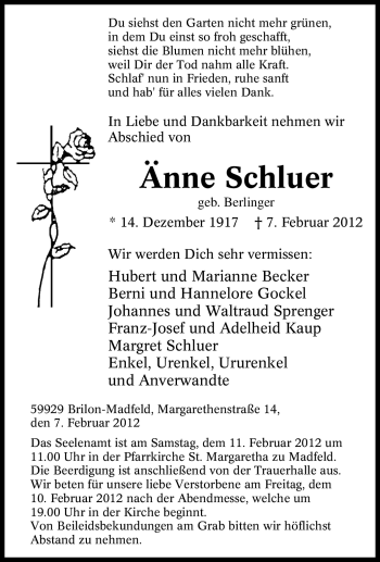 Traueranzeige von Änne Schluer von Tageszeitung