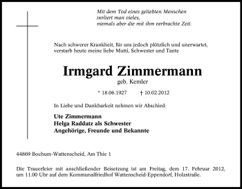 Traueranzeige von Irmgard Zimmermann von Tageszeitung