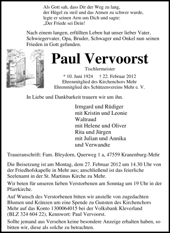 Traueranzeige von Paul Vervoorst von Tageszeitung