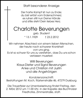 Traueranzeige von Charlotte Beverungen von Tageszeitung