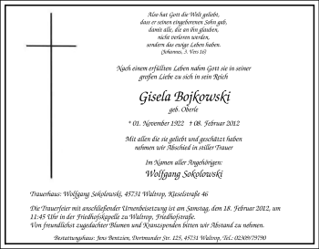 Traueranzeige von Gisela Bojkowski von Tageszeitung
