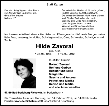 Traueranzeige von Hilde Zavoral von Tageszeitung