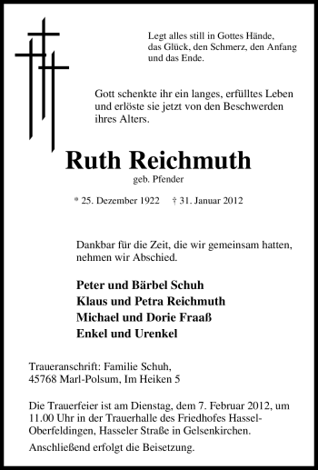 Traueranzeige von Ruth Reichmuth von Tageszeitung
