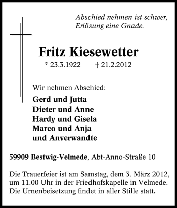 Traueranzeige von Fritz Kiesewetter von Tageszeitung