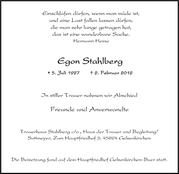 Traueranzeige von Egon Stahlberg von Tageszeitung