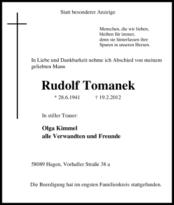 Traueranzeige von Rudolf Tomanek von Tageszeitung