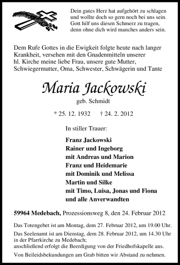 Traueranzeige von Maria Jackowski von Tageszeitung