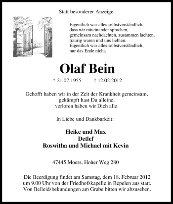 Traueranzeige von Olaf Bein von Tageszeitung