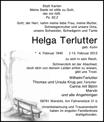 Traueranzeige von Helga Terlutter von Tageszeitung