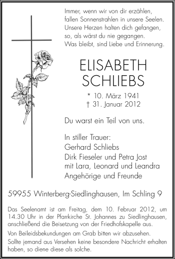 Traueranzeige von Elisabeth Schliebs von Tageszeitung