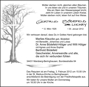 Traueranzeige von Gertrud Bödefeld von Tageszeitung