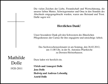 Traueranzeige von Mathilde Dolle von Tageszeitung