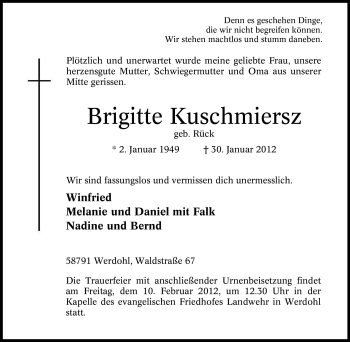 Traueranzeige von Brigitte Kuschmiersz von Tageszeitung