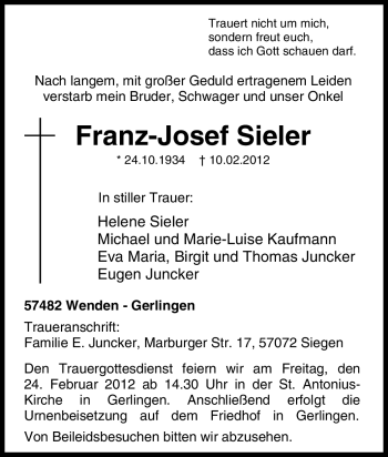 Traueranzeige von Franz-Josef Sieler von Tageszeitung