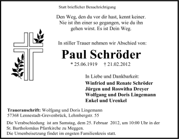 Traueranzeige von Paul Schröder von Tageszeitung